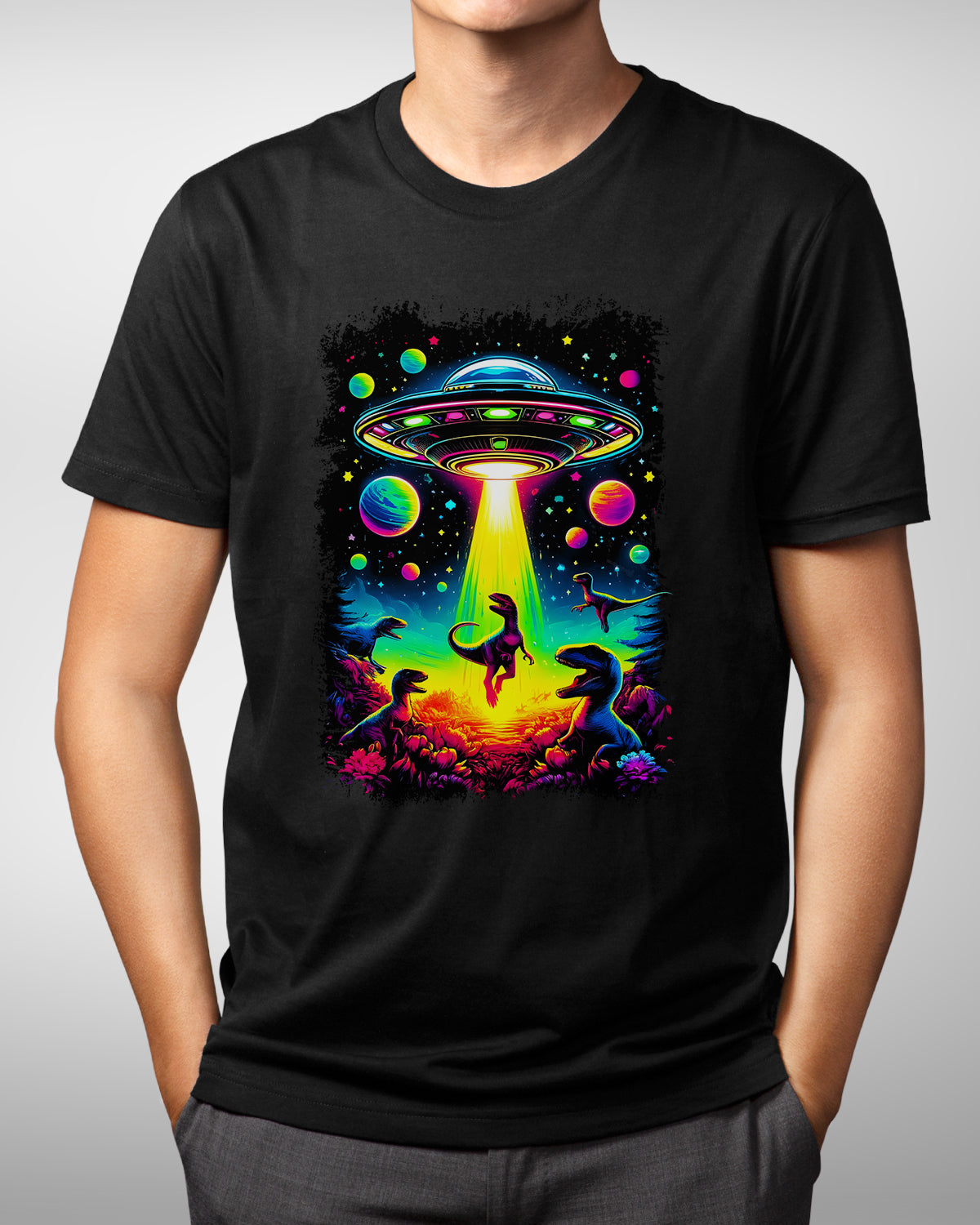 Colorful UFO Alien Dinosaurs Shirt, T Rex Dino Lovers Tee, Fun Astronomy Gift for Alien Believers