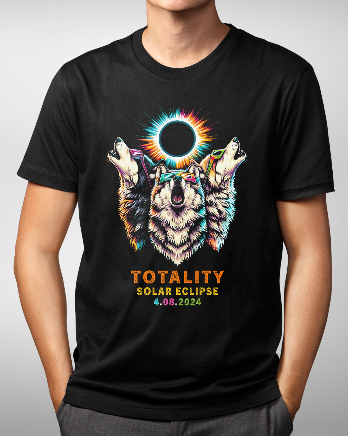 3 Wolf Eclipse Moon Shirt, Totality Wolves Howling Tee, Cosmic Wolf Lover April 8 2024 Solar Eclipse Souvenir Gift