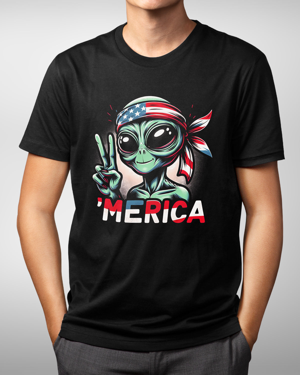 Funny Alien America Shirt, Patriotic Extraterrestrial Tee with USA Flag, 4th of July Peace Sign Gift for Dad