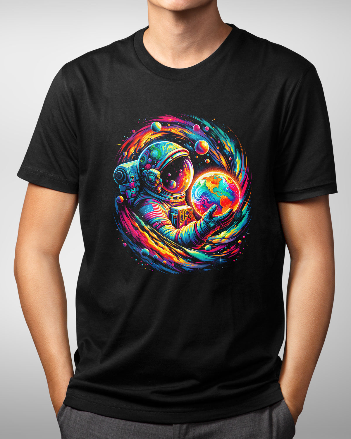 Spaceman Embracing Earth Shirt, Cosmic Explorer Astronaut Tee, Psychedelic Galaxy Design, Outer Space Apparel, Sci-Fi Enthusiast Gift