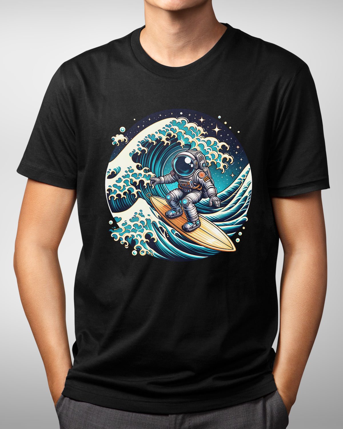 Space Astronaut Surfing Shirt, The Great Wave Kanagawa Tee, Ukiyo-e Inspired Outer Space Surfer Top, Funny Science Geek Gift