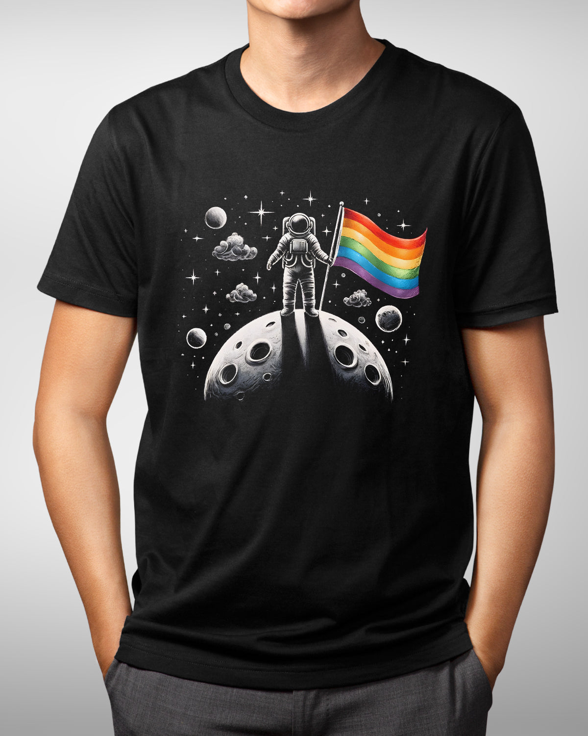 Astronaut LGBTQ Pride Shirt, Rainbow Flag & Moon, Gay Pride Ally, Love Equality Outer Space Gift for Pride Month
