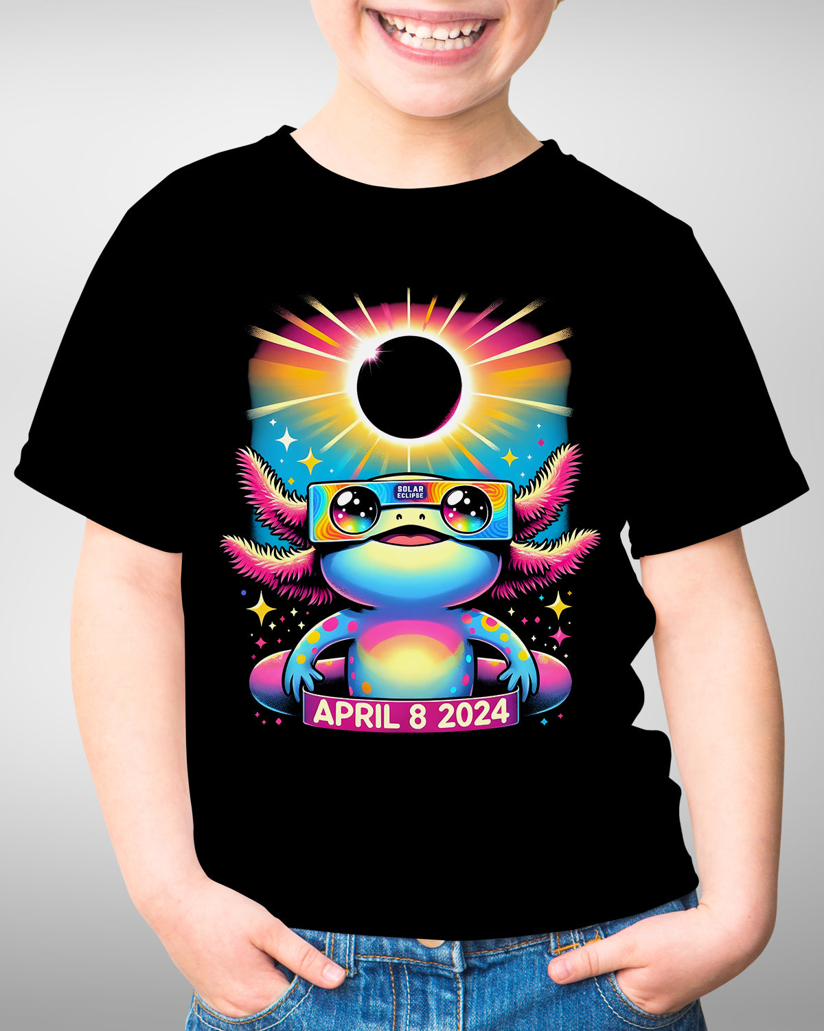 Kawaii Axolotl Solar Eclipse 2024 Shirt, Cute Mexican Salamander Wearing Eclipse Glasses, Colorful April 8 Souvenir Gift