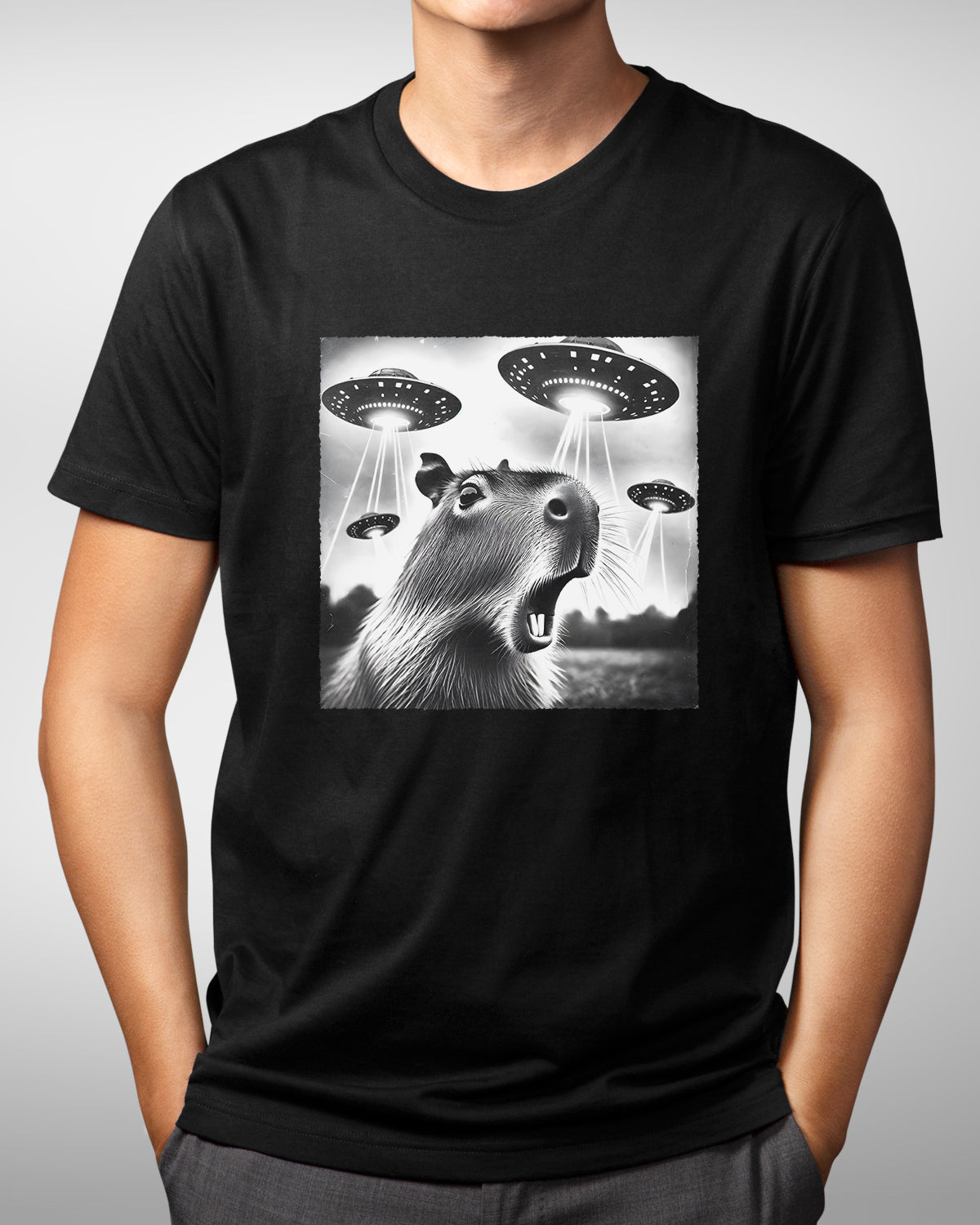 Funny Capybara UFO Shirt - Alien Spaceship & Selfie Invasion Tee for Space Humor Fans