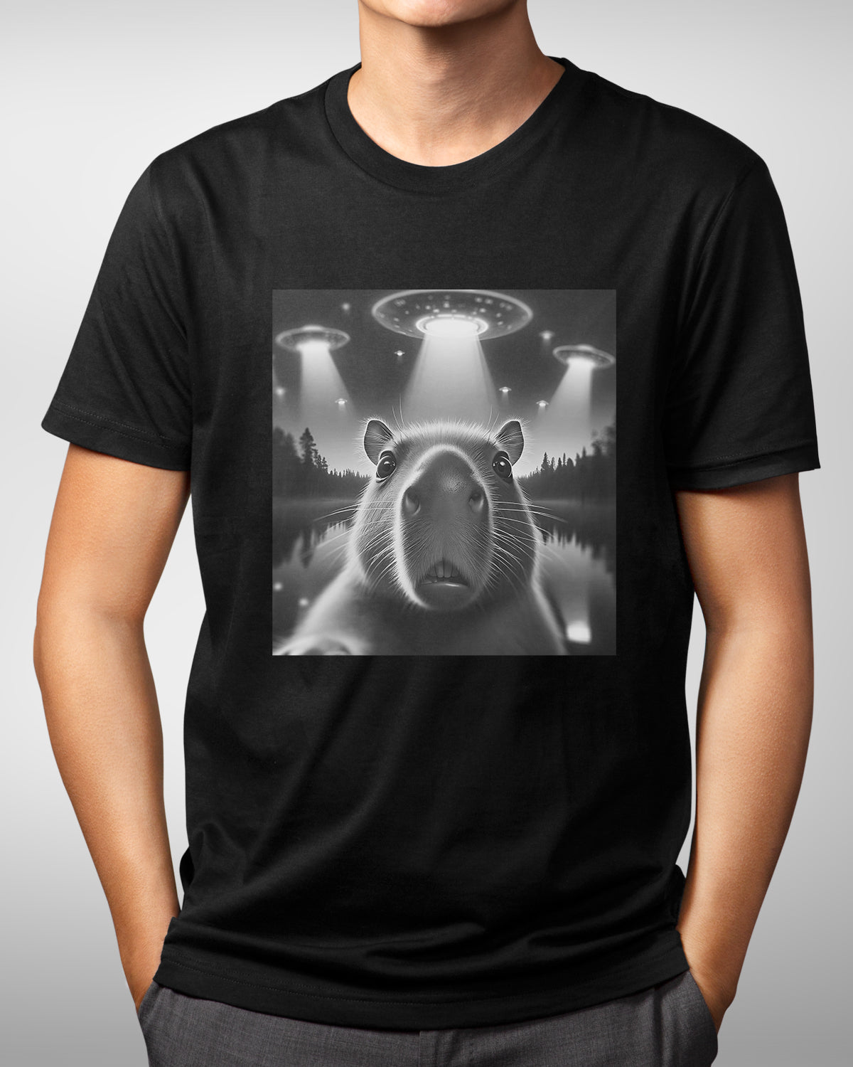 Capybara UFO Selfie Shirt- Retro Alien Saucer Design, Perfect for Camping & Space Enthusiasts