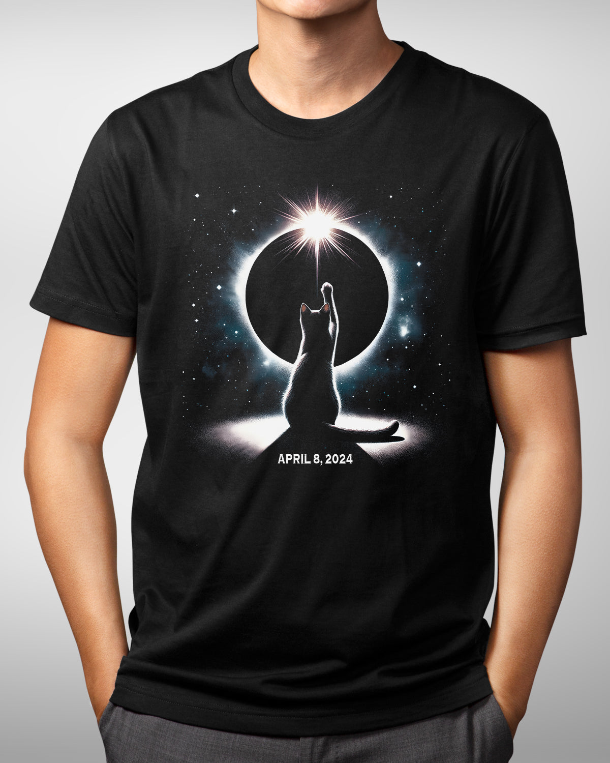 April 8 2024 Total Solar Eclipse Shirt, Cat Reaching For Light, Eclipse Watching Tee - Feline Lover Astronomy Souvenir