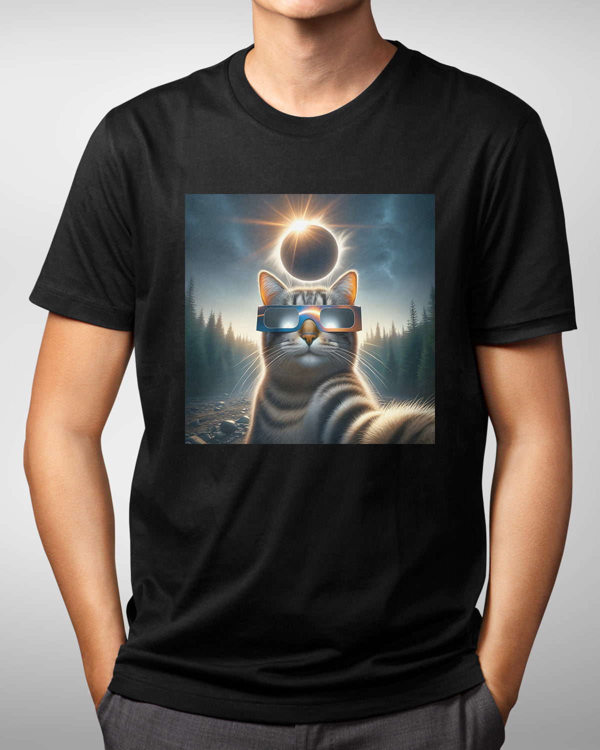 Solar Eclipse 2024 Cat Selfie Shirt, Funny Feline in Eclipse Glasses, Perfect Astronomy Gift, April 8 Eclipse Memory Tee