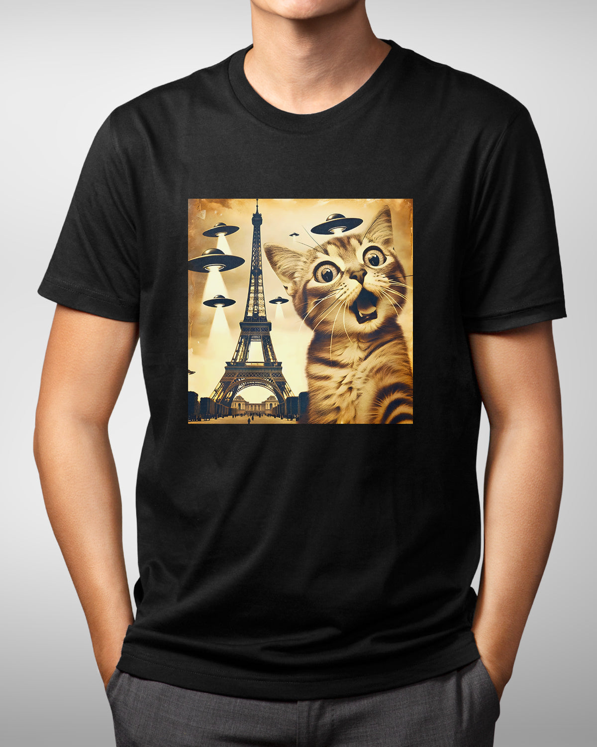 Funny Cat Selfie with UFOs Shirt, Eiffel Tower Parisian Cat, Alien Invasion Tee, UFO Believer Tee