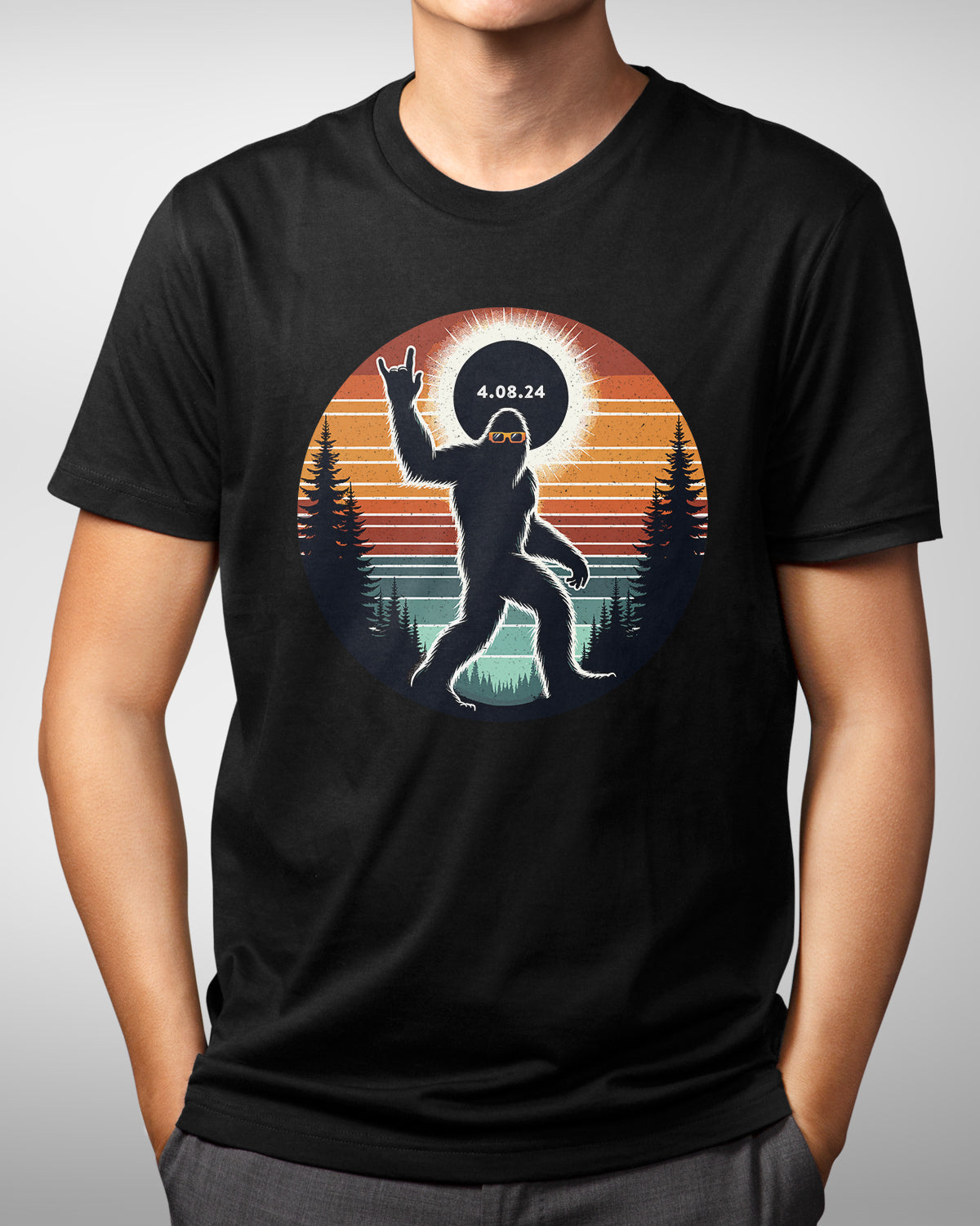 Bigfoot Solar Eclipse 2024 Shirt, Retro Sasquatch Lover Tee, Funny Yeti Camping & Hiking Shirt, April 8 Gift for Bigfoot Believers