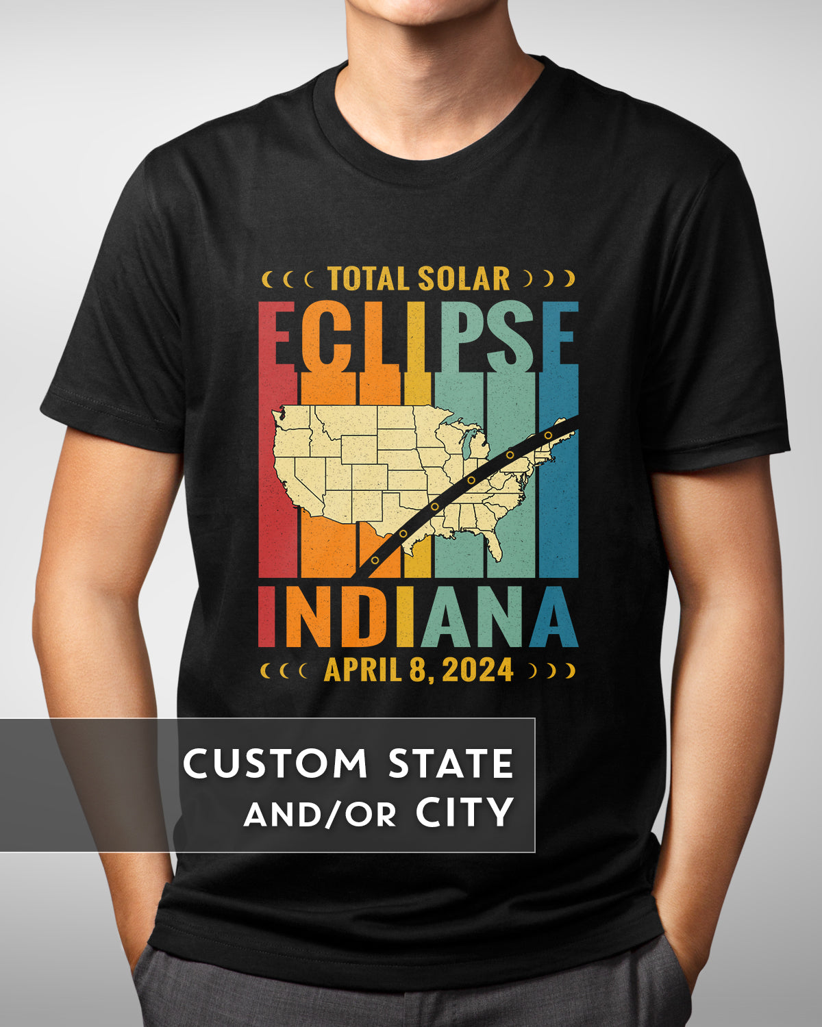 Vintage Solar Eclipse 2024 USA Map Shirt, Customizable State City Tee, Path of Totality, April 8 Great American Eclipse Souvenir