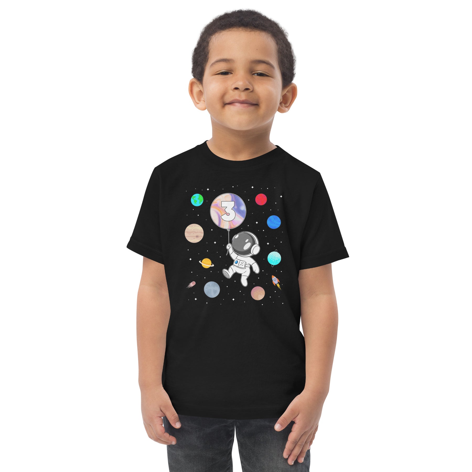 Astronaut 3rd Birthday Shirt, Galaxy Space Themed Tee, Rocket and Planets Birthday Party Outfit for Three Year Olds