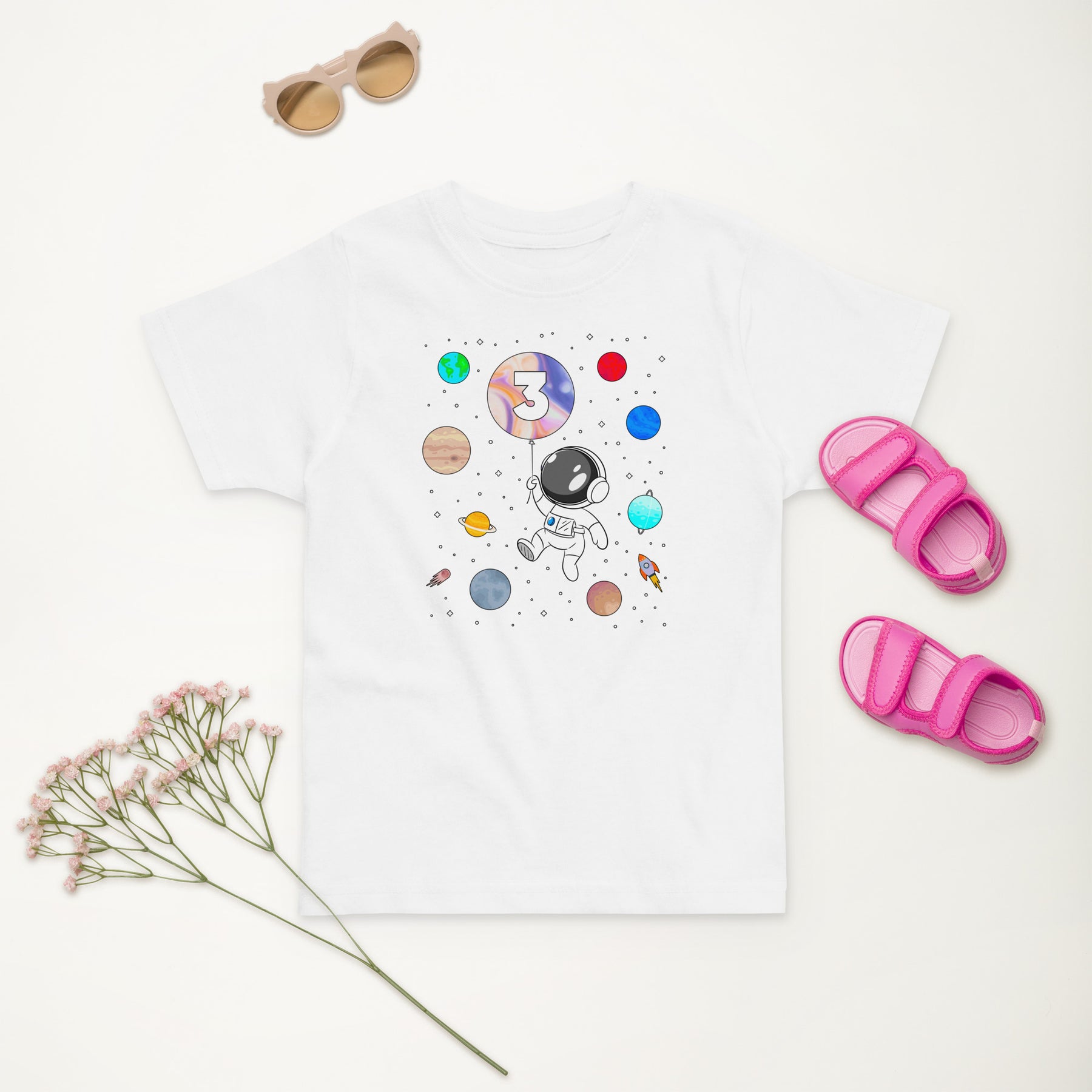 Astronaut 3rd Birthday Shirt, Galaxy Space Themed Tee, Rocket and Planets Birthday Party Outfit for Three Year Olds