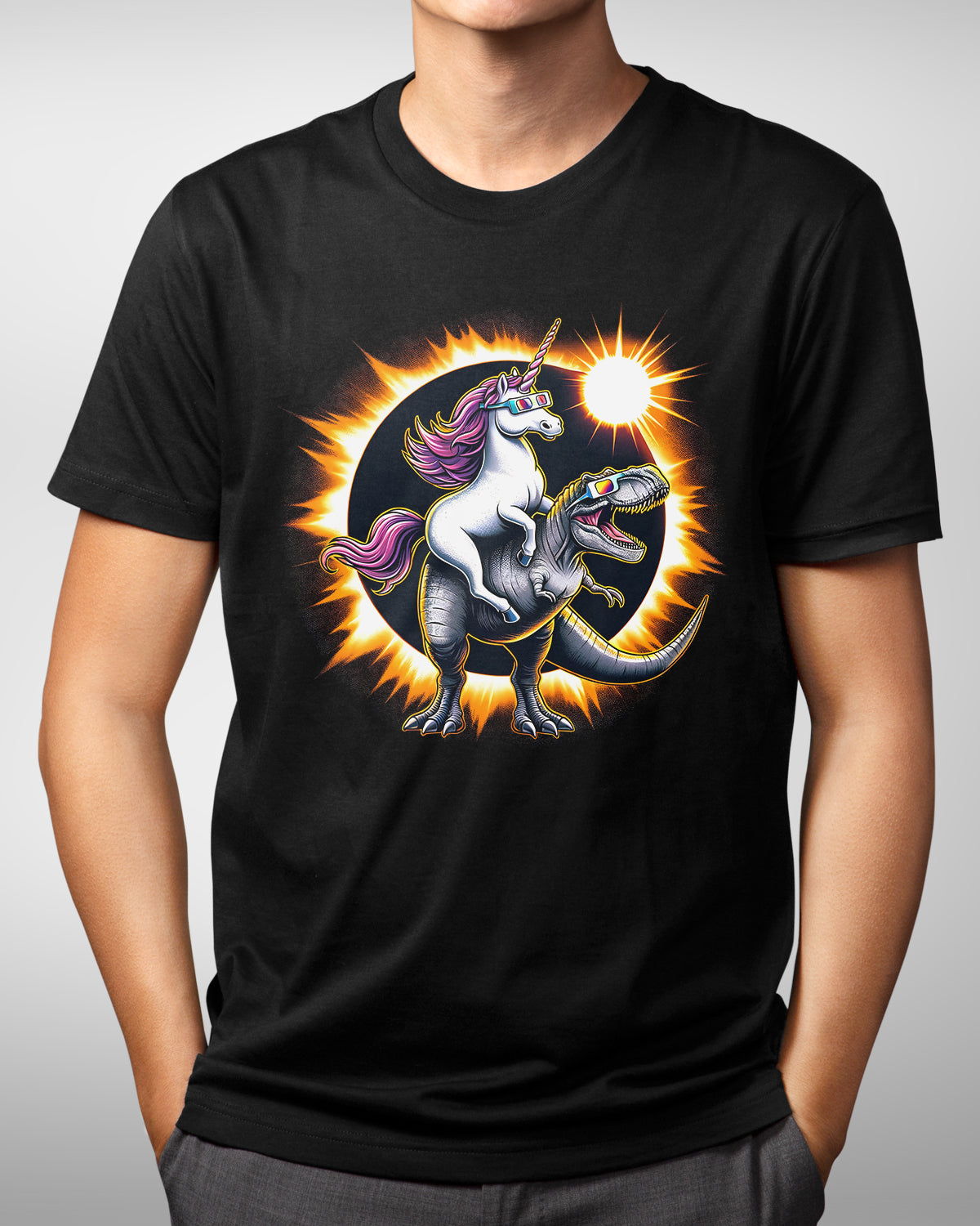 Funny Unicorn Riding T-Rex Dinosaur Shirt, Solar Eclipse 2024 Tee, Astronomy Lover Gift, Memorable April 8 Eclipse Souvenir