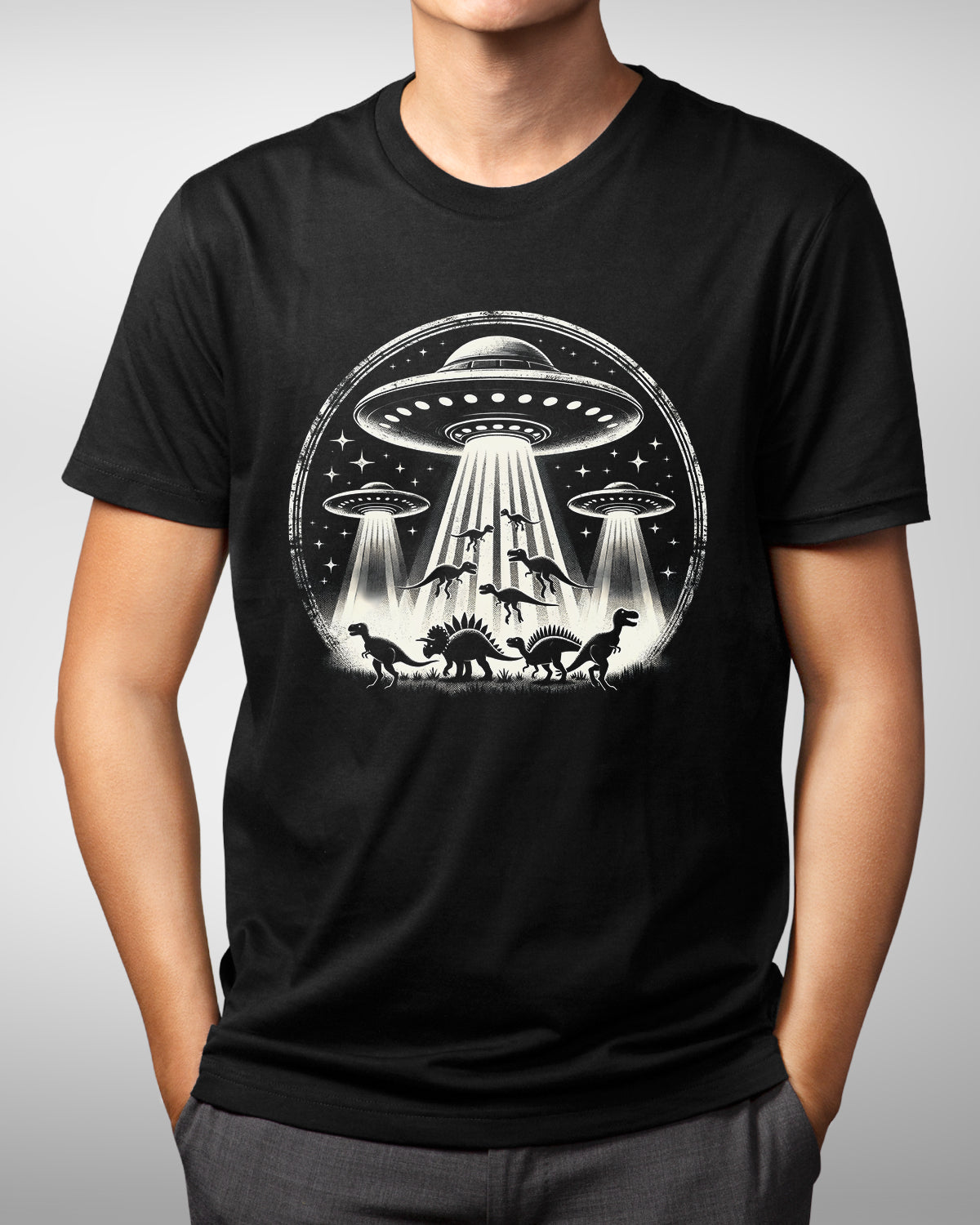 Funny Dinosaur UFO Abduction Shirt, Extraterrestrial Alien Tee for Dinosaur Lovers, Flying Saucer & Conspiracy Theory Enthusiasts