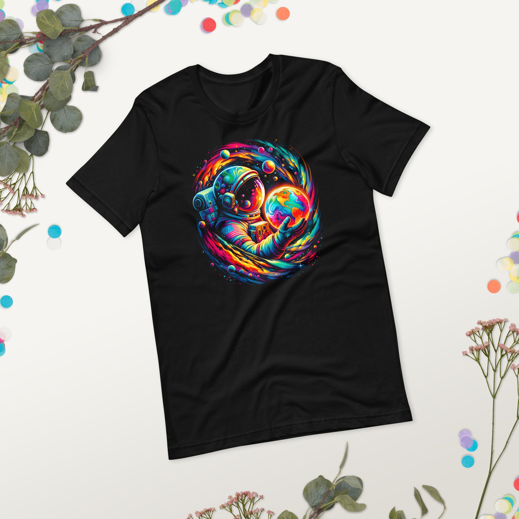Spaceman Embracing Earth Shirt, Cosmic Explorer Astronaut Tee, Psychedelic Galaxy Design, Outer Space Apparel, Sci-Fi Enthusiast Gift