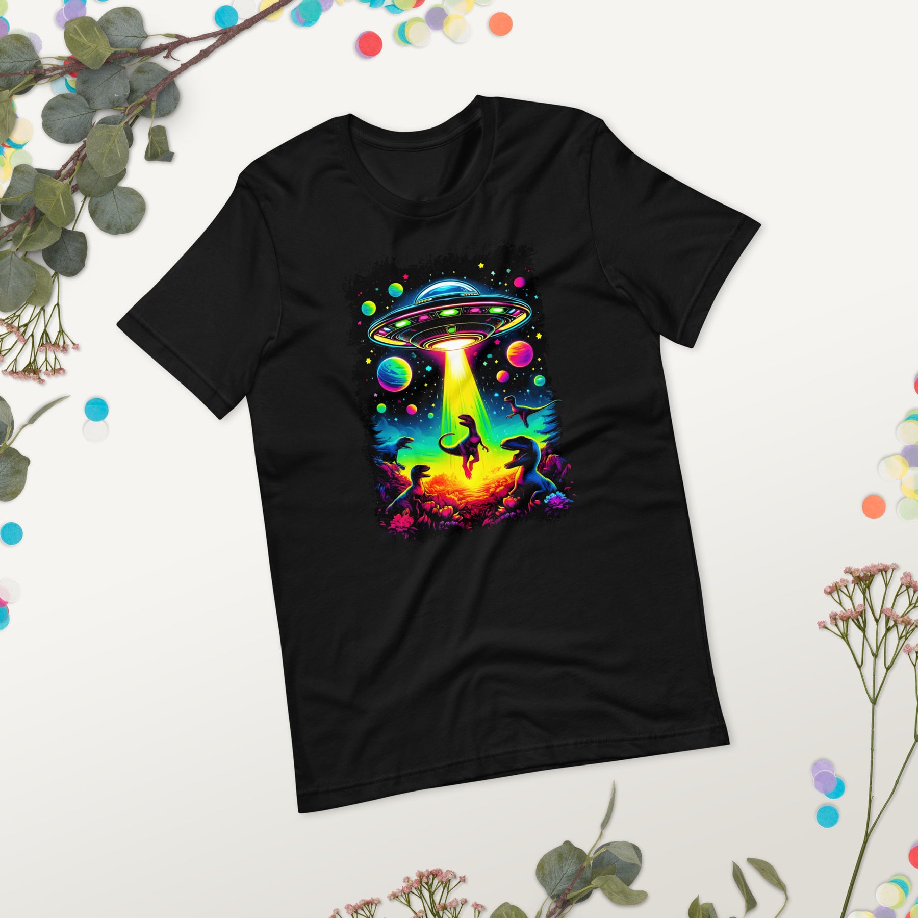 Colorful UFO Alien Dinosaurs Shirt, T Rex Dino Lovers Tee, Fun Astronomy Gift for Alien Believers
