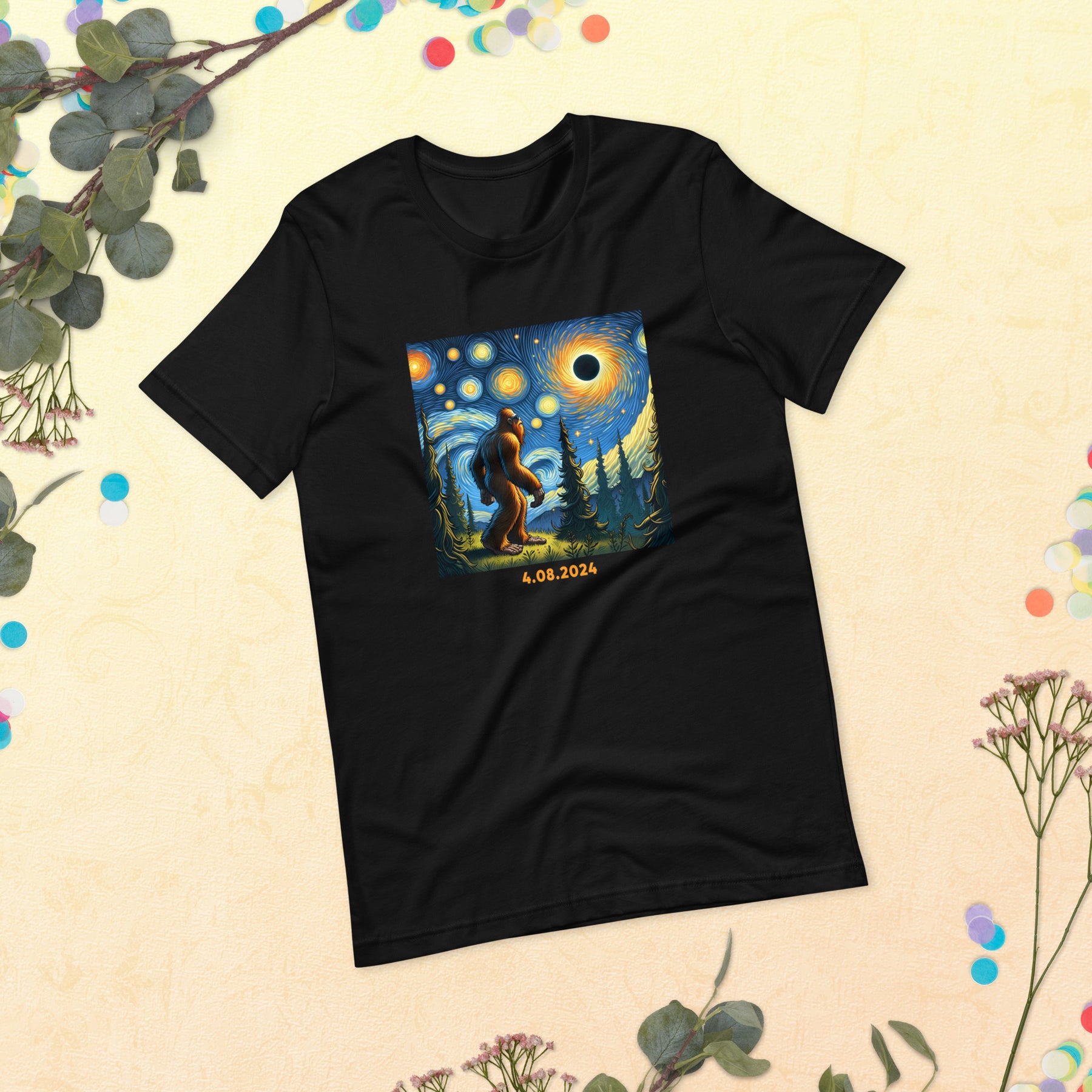 Bigfoot Solar Eclipse Tee, Van Gogh Artistic Yeti Sasquatch Design, Funny Camping Shirt, Hiking Enthusiast Gift