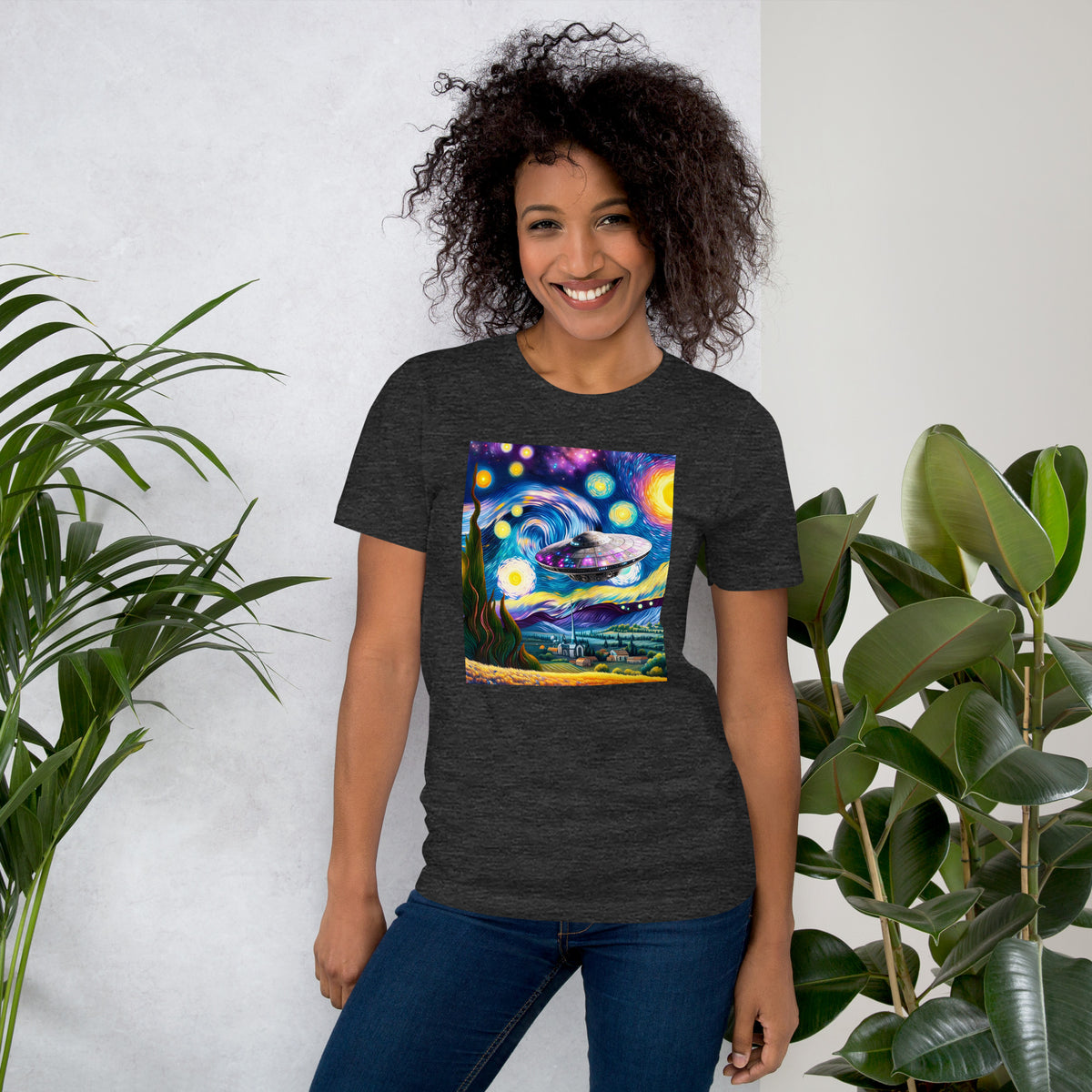 Spaceship UFO Shirt, Van Gogh-Inspired- Alien Invasion Tee, Galaxy & Conspiracy Theme, Funny Gift for Sci-Fi Fans
