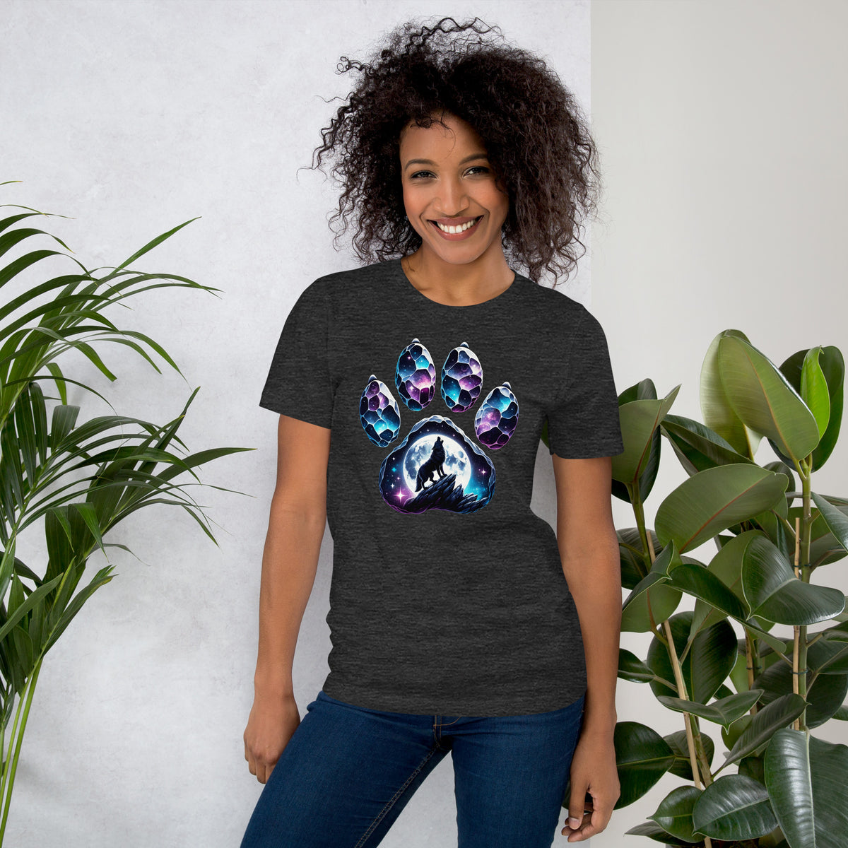 Galactic Wolf Paw T-Shirt, Cosmic Moon Howling Design, Space Wolf Tee, Astral Animal Astronomy Gift