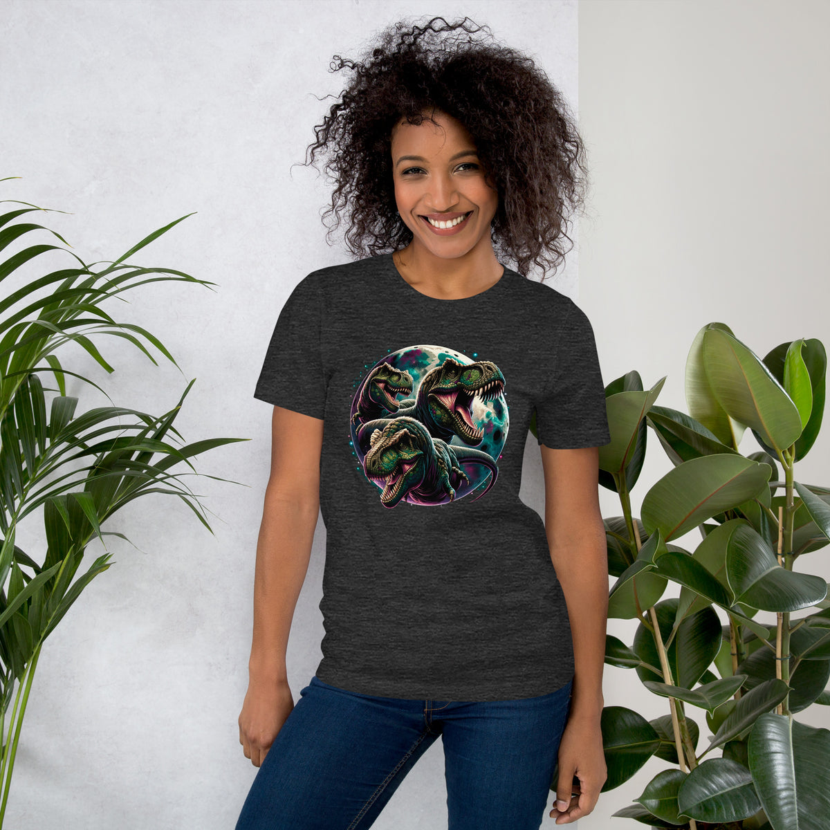 Three Dinosaur Moon Shirt, T Rex Roaring Tee, Dino Lovers, Funny Astronomy Outer Space Galaxy Gift