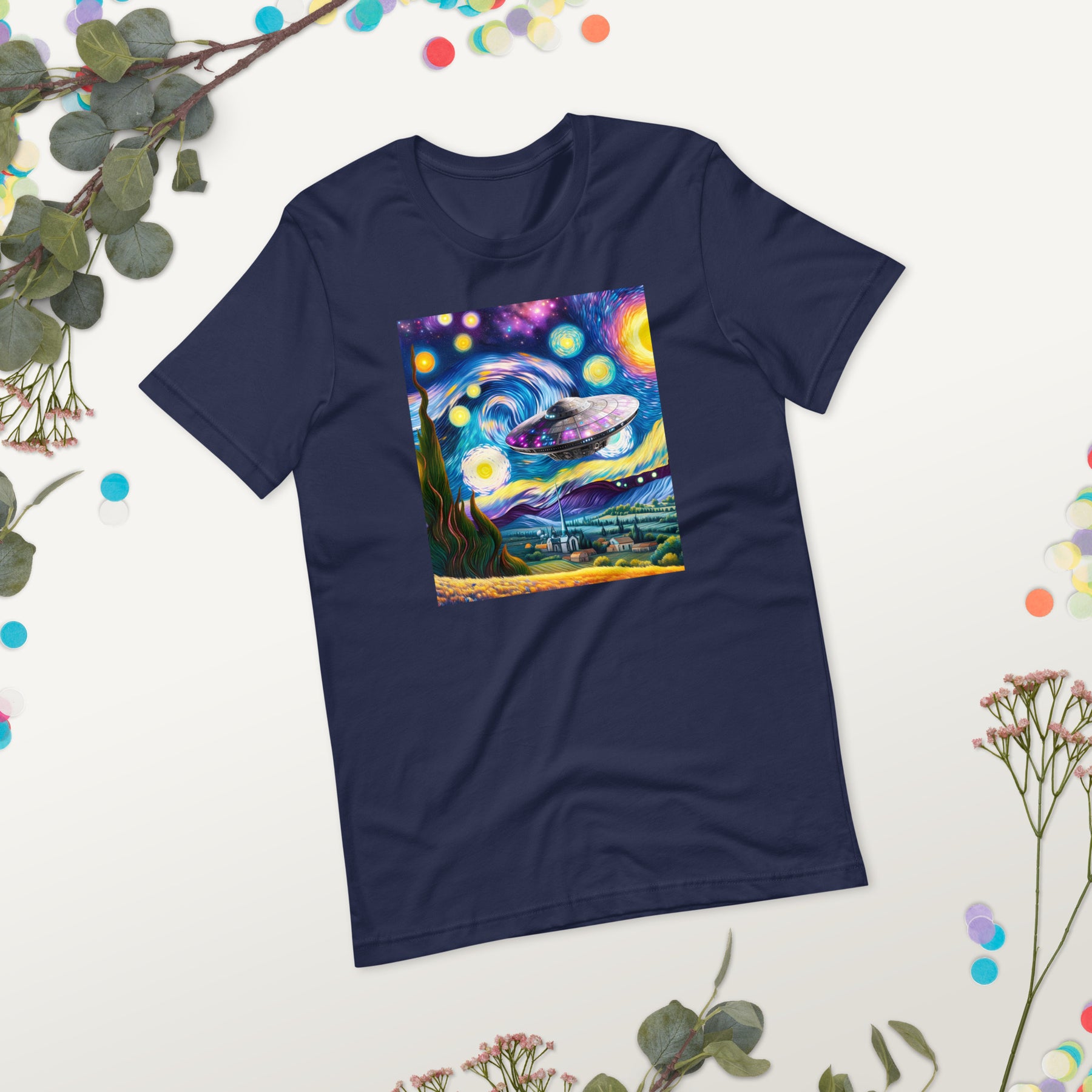 Spaceship UFO Shirt, Van Gogh-Inspired- Alien Invasion Tee, Galaxy & Conspiracy Theme, Funny Gift for Sci-Fi Fans