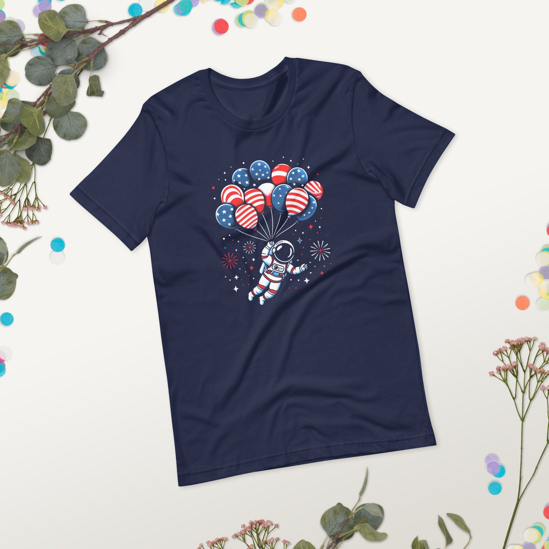 American Astronaut Tee, 4th of July Firework USA Balloon Shirt, Red White Blue Patriotic Independence Day for Spaceman Lovers