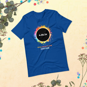 Colorful 2024 Total Solar Eclipse Shirt - Customizable City and State - April 8, Path of Totality Tee, Eclipse Souvenir Gift