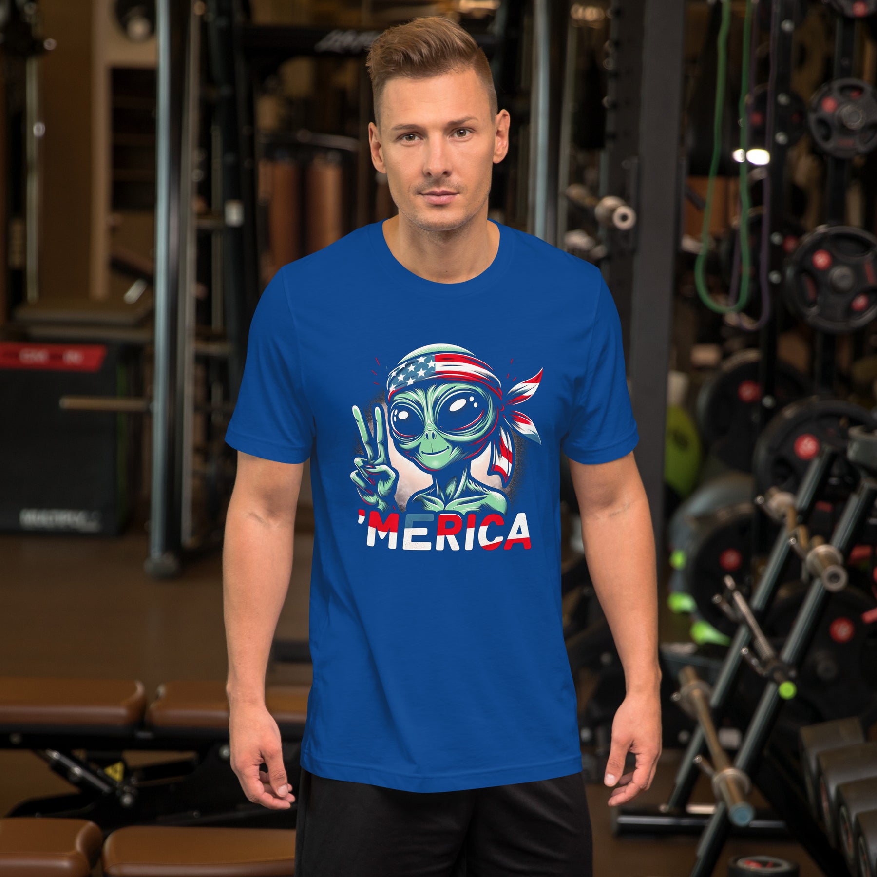 Funny Alien America Shirt, Patriotic Extraterrestrial Tee with USA Flag, 4th of July Peace Sign Gift for Dad