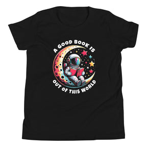 Space-Themed Book Lover Shirt, Astronaut Reading on Crescent Moon, Gift for Bookworms & Space Enthusiasts
