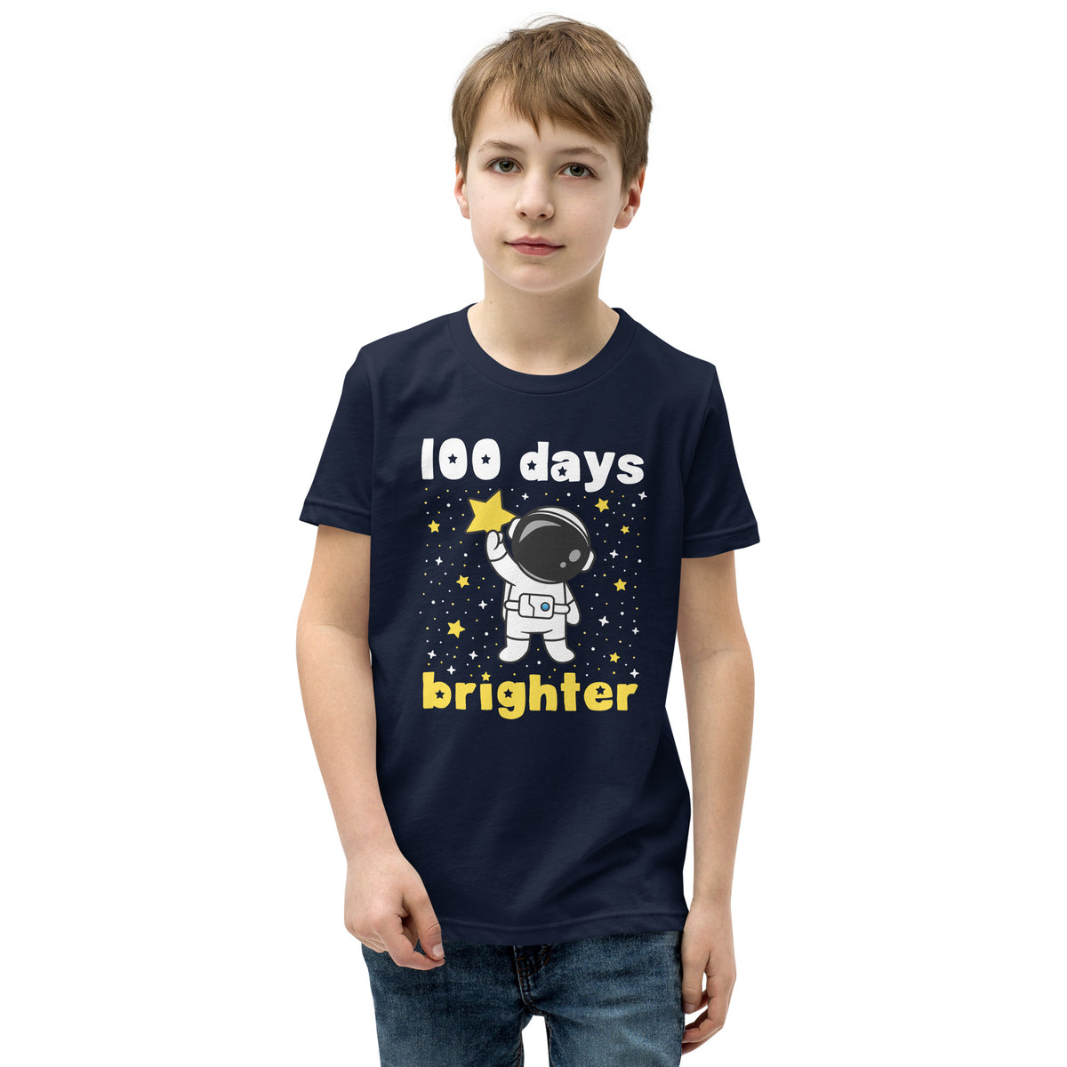 100 Days Brighter Astronaut Shirt for Kids, Celebrate 100th Day of School with Outer Space Star Tee, Back to School Apparel